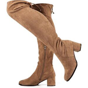 Women Milky Brown Faux Suede Chunky ​​Block Heel Round Toe Fall Side Zipper Boot